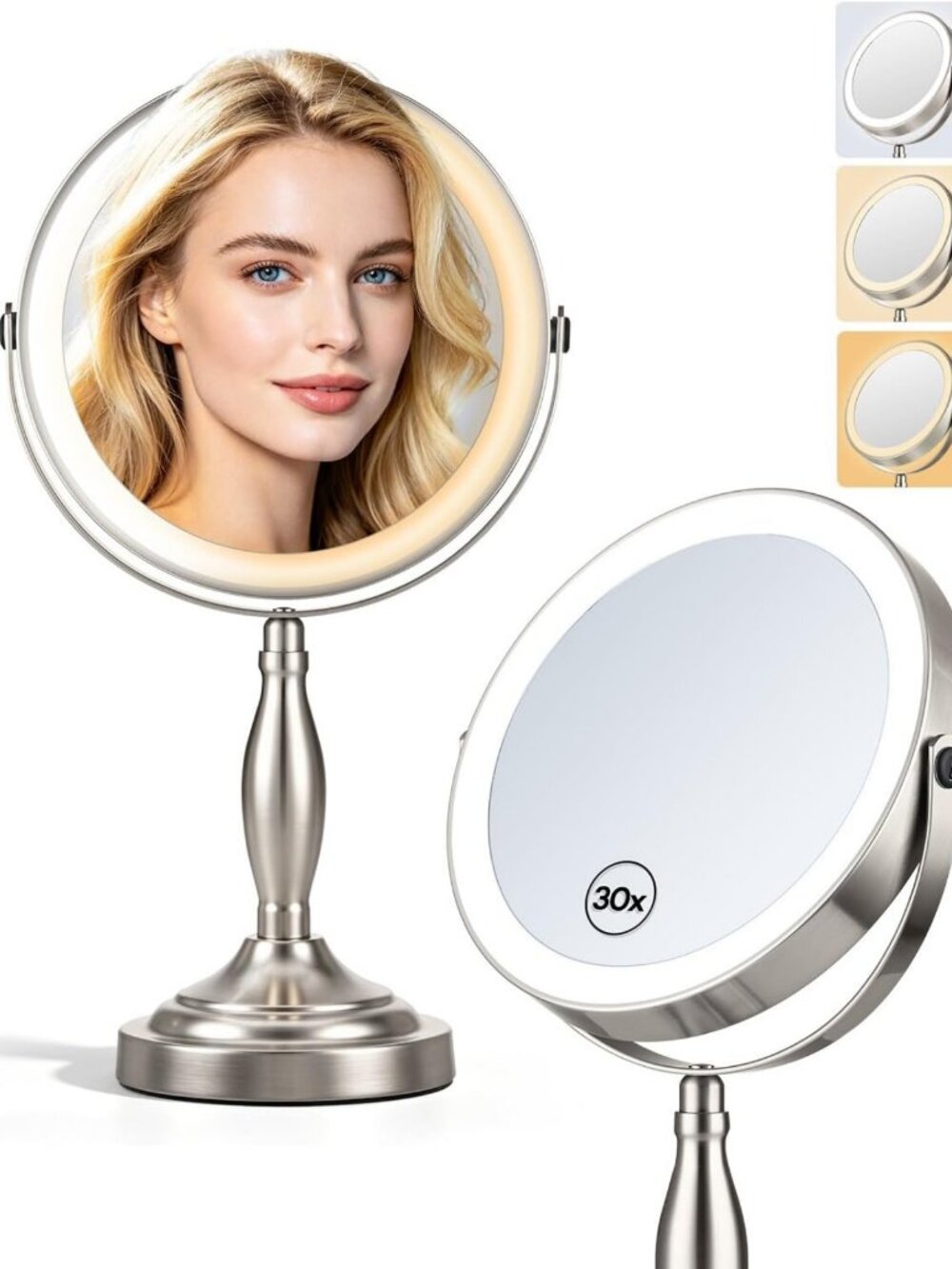 Illuminated Makeup Mirror with 1X/30X Magnification, Double-Sided Lighted Vanity